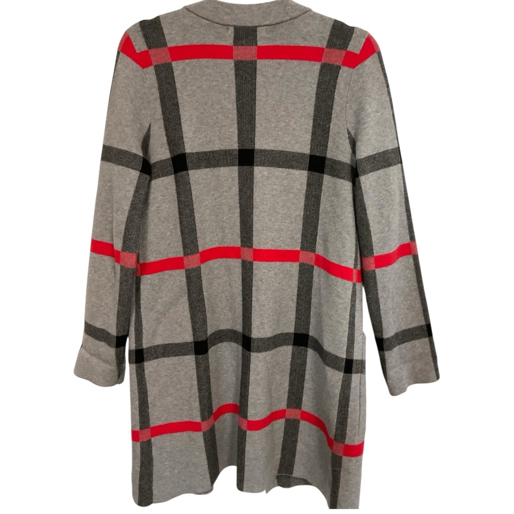 Tahari Plaid Cardigan Gray Red Open Front Sweater Medium Chic - Picture 3 of 10